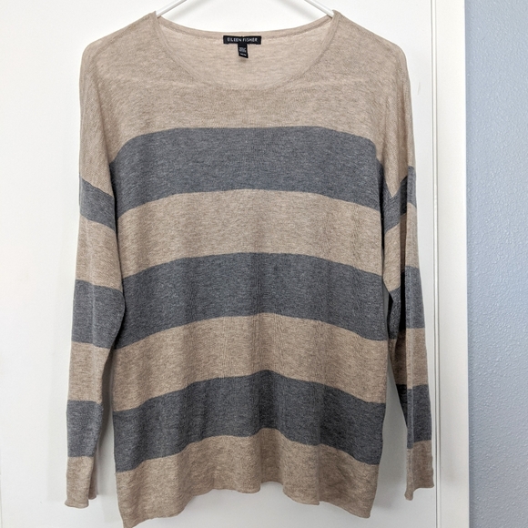 Eileen Fisher Stripe Gray & Tan Sweater - Picture 1 of 7